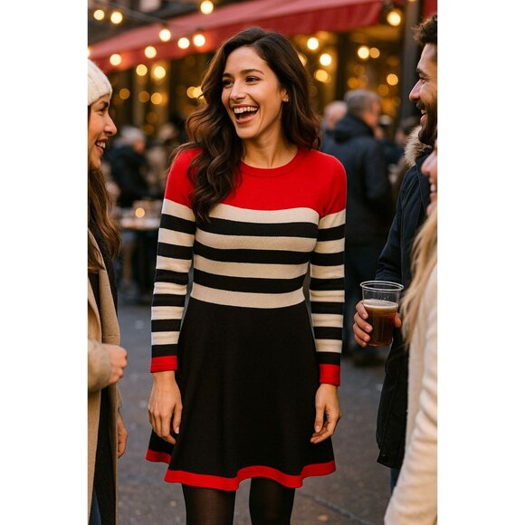 Marc New York Andrew Marc Dresses & Skirts - Andrew Marc New York Small Red Black Stripe Knit Dress Mod Revival Parisian Styl